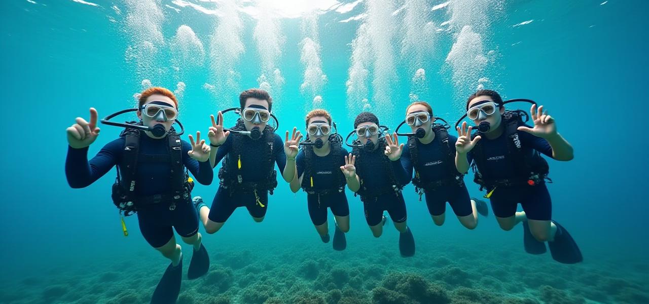 Diverse group of divers giving a thumbs up after a successful dive