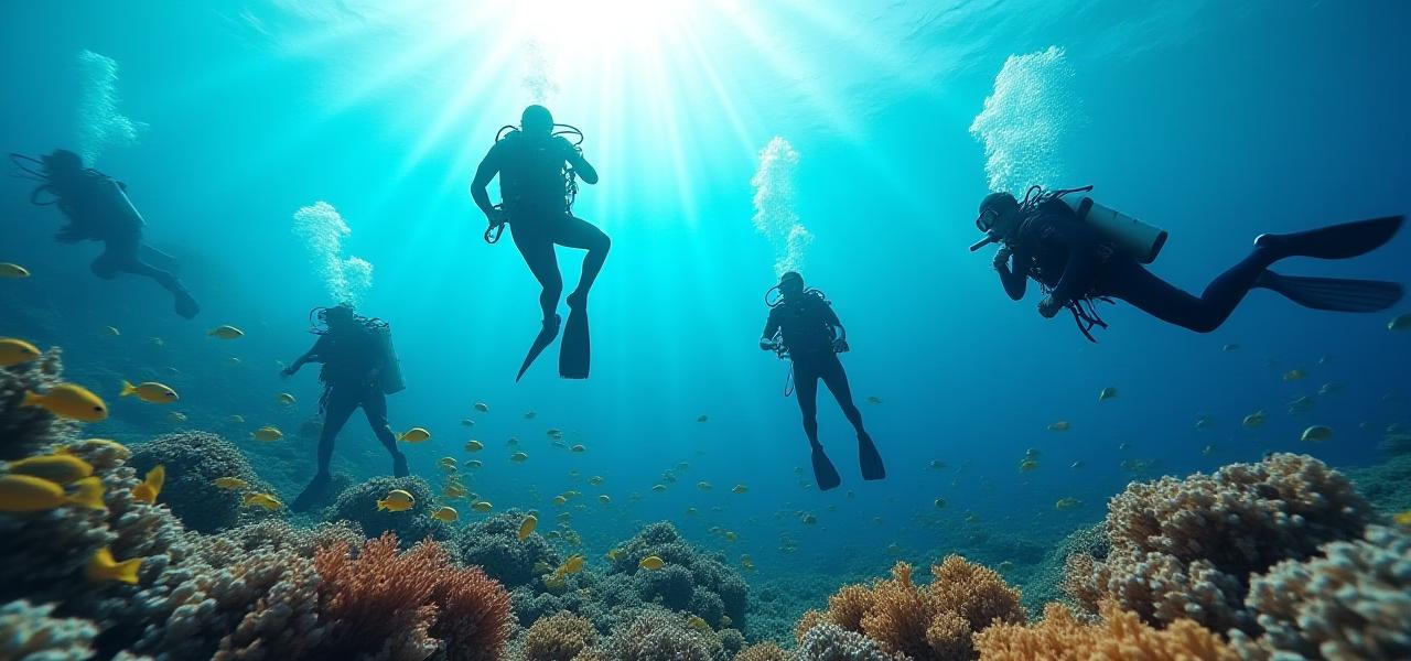 Divers swimming over a vibrant South African coral reef with sunbeams piercing the water