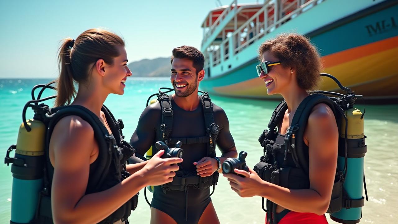 A diverse group of happy divers preparing their gear on a sunny South African beach