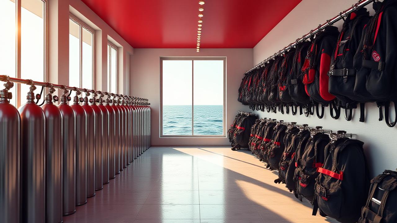 Row of clean scuba tanks and professional diving gear in a South African dive shop