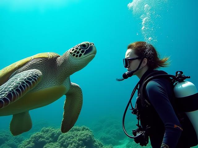Certified diver interacting with a sea turtle