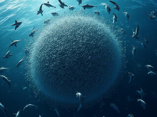 Bait ball of sardines with sharks and dolphins nearby