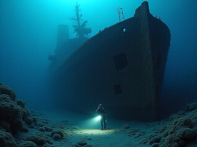 Sunken ship underwater covered in sea growth